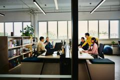 Wide shot of 5 people working in the office